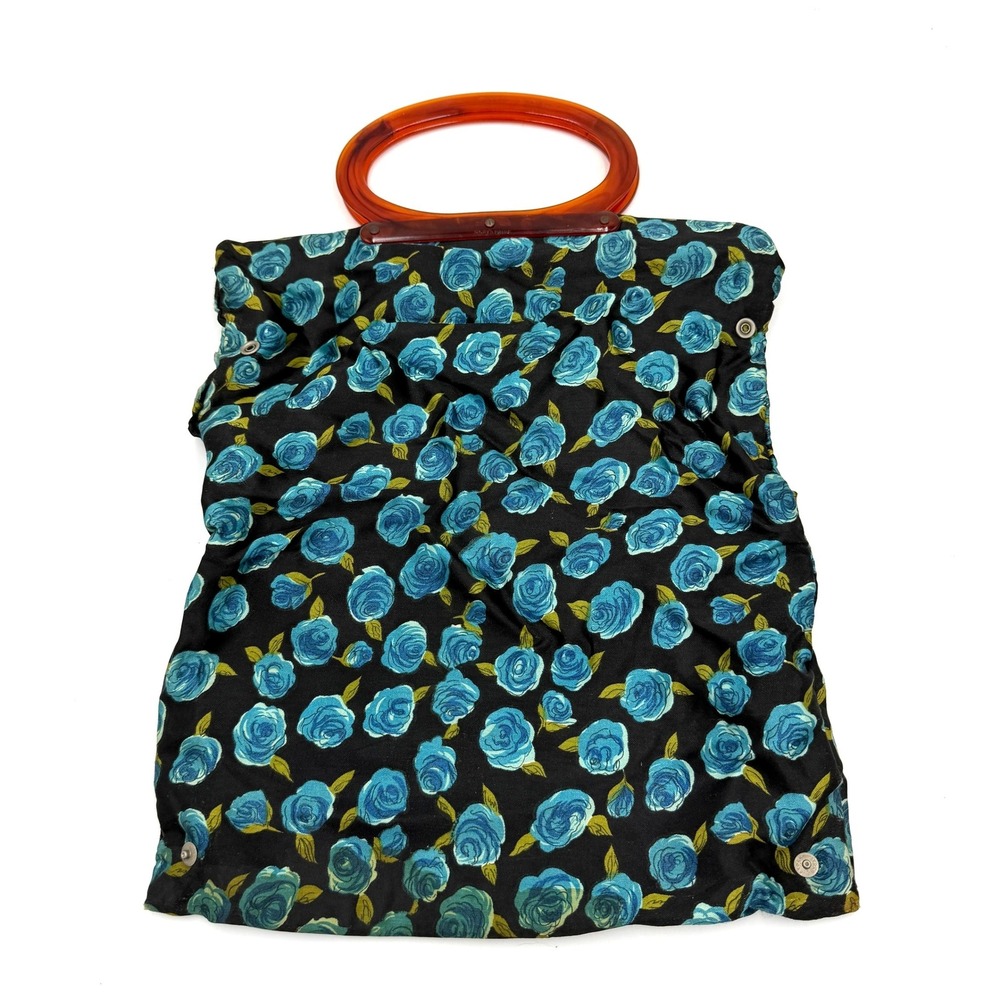 Lady's Pride Floral Folding Handbag Medium Black Blue Roses 1960s Lucite Handle